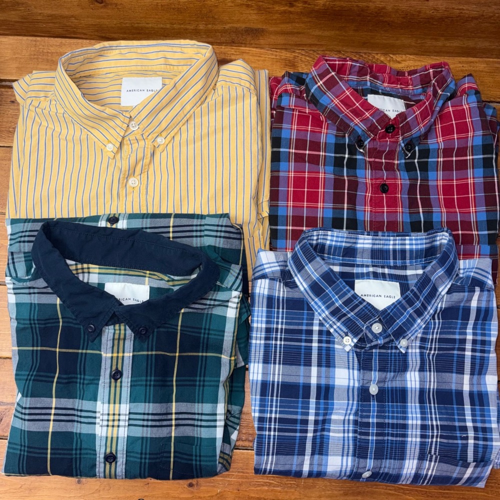 American Eagle Button Down Shirt Lot x4 Men XL Multicolor Plaid Striped Long Slv